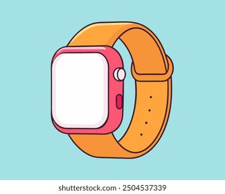 Modern smartwatch with bright strap. Wearable technology and fitness tracker. Flat vector illustration