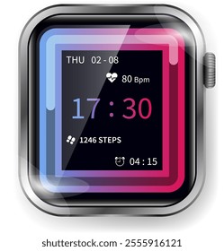 A modern smartwatch face design featuring a striking gradient border surrounding a sleek black display