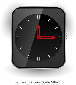 A modern smartwatch face design featuring a sleek black background with minimalist white markers and bold red hour and minute hands