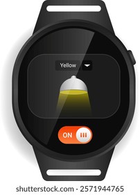 A modern smartwatch interface featuring a flashlight function with an adjustable light color option and an orange on off toggle button