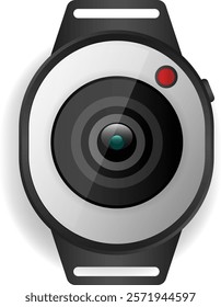 A modern smartwatch interface resembling a camera lens with a sleek circular design and a red recording indicator