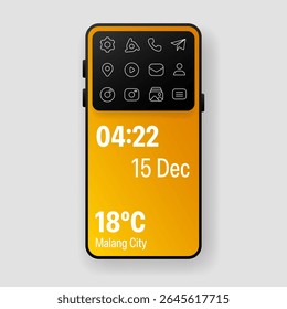 Modern smartwatch interface showing weather, time, date, and app icons