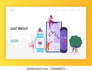 Modern Smartwatch for Sportsman Landing Page. Sport Watch Include Activity Fitness Tracker for Monitoring Lap Time, Heart Rate and Route Tracking Website or Web Page. Flat Cartoon Vector Illustration