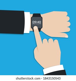 Modern smartwatch or Wearable device on Businessman hand, Flat design vector illustration.
