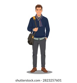 Modern smiling Brunswick and Lunsburger man wearing a sweater scarf and carrying a shoulder bag in a full body standing pose for urban lifestyle and promotional concepts