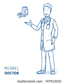 Modern smiling doctor in white coat and stethoscope recommending a medication or bottle of pills. Hand drawn blue outline line art cartoon vector illustration.