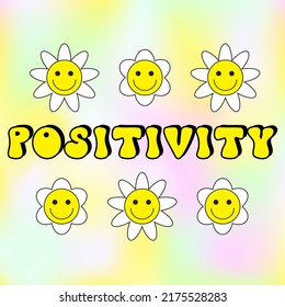 Modern smiling faces like daisy. Retro emoji. 70's Groovy positive illustration. Slogan Print with groovy flowers for graphic t shirt or sticker poster. Vector. Have a nice day.