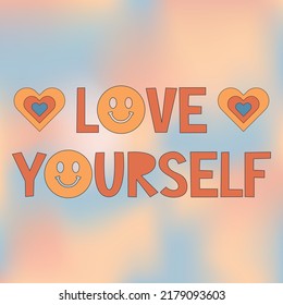 Modern smiling faces like daisy. Retro emoji. 70's Groovy positive illustration. Slogan Print with groovy flowers for graphic t shirt or sticker poster. Vector. Love yourself.