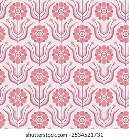 Flores abstractas geométricas lisas modernas de Herbers en el estilo escandinavo popular. Ornamento minimalista Pastel Fondo rosa