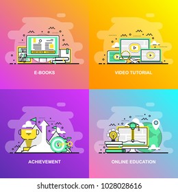Modern smooth gradient flat line concept web banner of Video Tutorial, Achievement, Online Education and E Books. Conceptual vector illustration for web design, marketing, and graphic design.