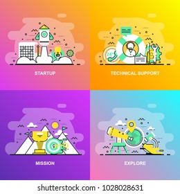 Modern smooth gradient flat line concept web banner of Technical Support, Mission, Explore and Startup. Conceptual vector illustration for web design, marketing, and graphic design.