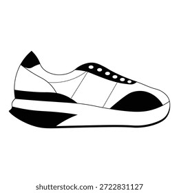 Moderne Sneaker-Vektorgrafik mit stilvollem Schwarz-Weiß. Minimalistisches Schuhdesign für Mode, Lifestyle und Sportbekleidungsprojekte. Hochwertiges Flachsymbol für Web- und Druckanwendungen
