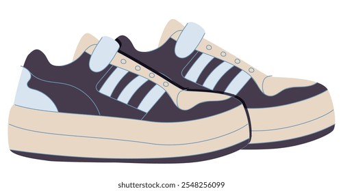 Modern sneakers, comfortable laced sport shoes. Fashion casual footwear pair design. Comfy trendy unisex trainers, multicolor footgear. Flat vector illustration isolated on white background