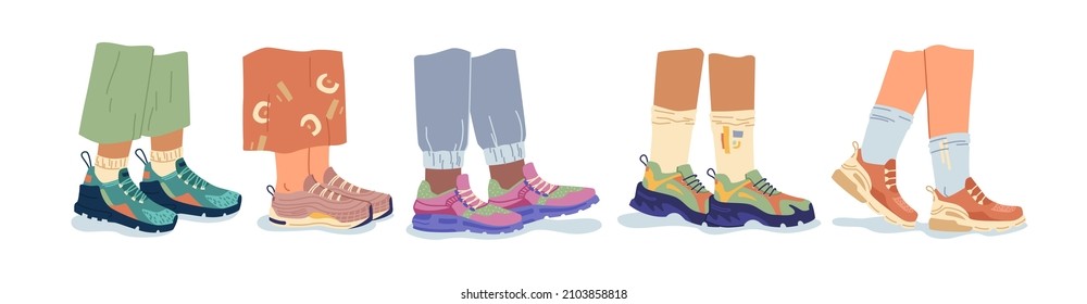 Modern sneakers and joggers, sportive models of shoes for teenagers and hipsters. Fashionable clothes for apparel, legs and footwear. Textile and rubber material, shop or store. Vector in flat style
