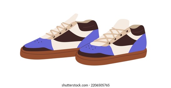 Modern sneakers, laced sport shoes pair. Comfortable fashion casual footwear design. Comfy trendy trainers, tricolor sportive footgear. Flat vector illustration isolated on white background