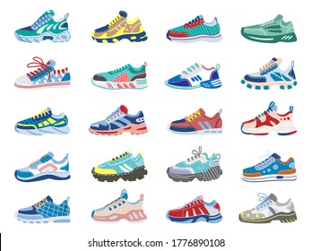 Modern sneakers. Running, training footwear, fitness sport sneakers, modern athletic shoes isolated vector illustration icons set. Fitness sneaker, active clothing training