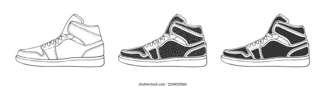 Modern sneakers set. Sneaker icons. Fashion footwear. Hand-drawn style shoes. Vector image
