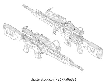 Modernes 3D-Drahtmodell mit Scharfschützengewehr auf weißem Hintergrund, mit detailliertem Blaupausendesign mit komplizierten Linien und realistischer Schattierung.