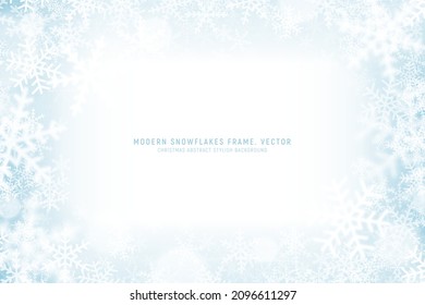 Modern Snowflakes Frame Vector Christmas Abstract Stylish Light Blue Background. Winter Decoration Swirl Snow Effect Abstract Stylish Wallpaper. Christmastime Noel And New Year Eve Art Illustration