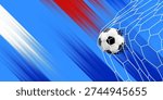 Modern soccer banner background featuring a football with dynamic abstract shapes, halftone textures, and stylized field elements.