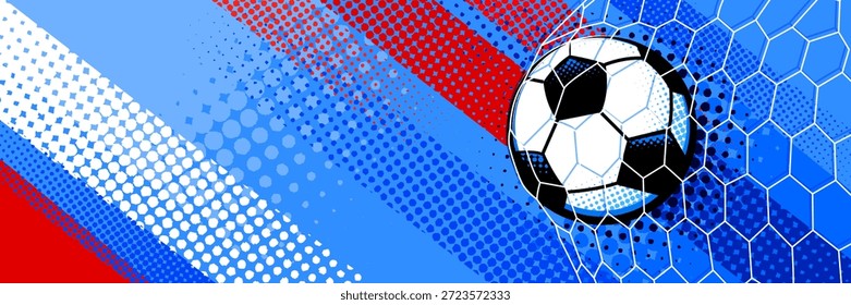 Fondo de Anuncio de fútbol moderno con un balón de fútbol con Formas abstractas dinámicas, texturas de semitonos y Elementos de campo estilizados. Adecuado para Anuncios de Web, publicidad, promociones, eventos deportivos y diseños de marketing digital.