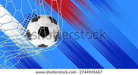 Modern soccer banner background featuring a football with dynamic abstract shapes, halftone textures, and stylized field elements.
