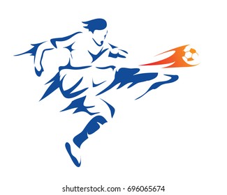 Modern Soccer Player In Action Logo - Flying Goal Kick On Fire