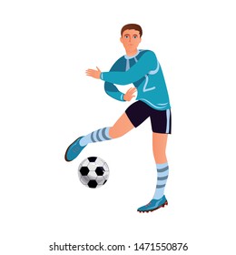 Modern soccer player in blue uniform is dancing with ball
