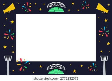 Modern soccer stadium architecture frame with floodlights and megaphone. Flat design vector with copy space for match day atmosphere and arena events