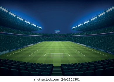 Modernes Fußballstadion beleuchtet durch Flutlicht in der Nacht. Vektorillustration