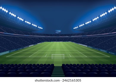 Modernes Fußballstadion beleuchtet durch Flutlicht in der Nacht. Vektorillustration