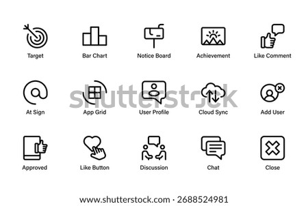 Modern Social and App Interface Icons. featuring communication, user profiles, charts, notifications, and achievement symbols.