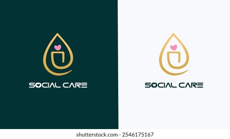 Modern social care logo design with a gold droplet, embedded 'G', pink heart, and bold typography, symbolizing compassion, community, and support for senior living