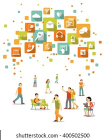 Modern social communication technology concept. Young people, man and woman using modern mobile smart phone, computer, tablet pc, laptop and apps icons 