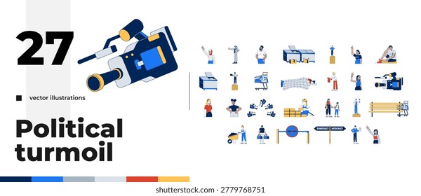 Modern social issues and societal themes cartoon flat illustrations mega bundle. Immigration and labor. Media influence. Diverse people 2D images isolated on white. Collection vector drawings colorful