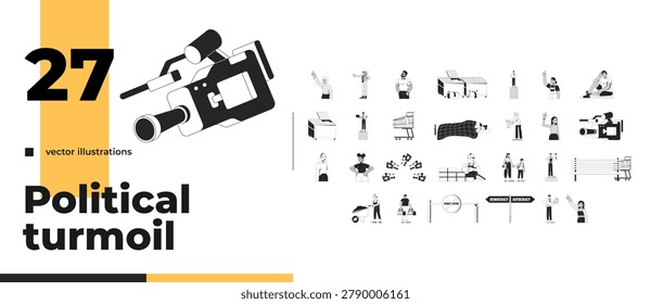 Modern social issues and societal themes outline illustrations mega bundle. Immigration and labor. Media influence. Diverse people 2D linear images isolated. Collection black and white vector drawings