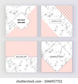 Modern social media banners, marble texture with pink geometry background. Square template for designs, card, flyer, invitation, party, birthday, wedding, email, web, website
