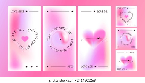 Modern social media design templates of Valentines day and Love card, banner, poster, cover set. Trendy minimalist aesthetic with blur gradients and typography, y2k romantic backgrounds. Vector eps10