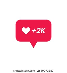 Modern social media icon with +2K heart counter. Perfect for mobile apps, notifications, and user interface design. Great for content engagement and digital love stats.