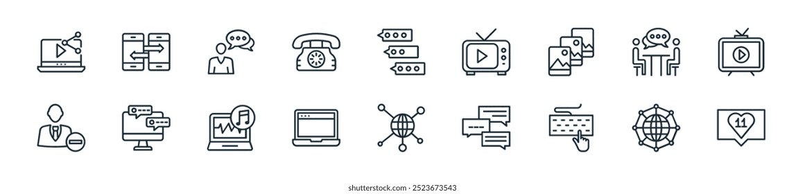 modern social media icon pack. perfect for linear ui designs featuring vector likes, network, computing, group chat, network, web page, music and more icons for mobile and web apps.