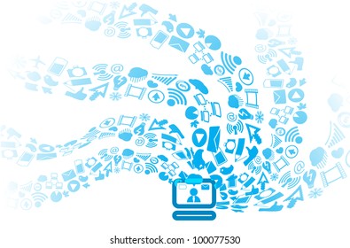 Modern social media icons flows to computer