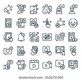 modern social media interactions icon pack. perfect for linear ui designs featuring vector live, share, video, reels, chat and more icons.