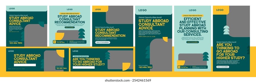 Modern social media pack for study abroad and study visa banner ads template bundle, higher education template promotion posts,banners,stories.