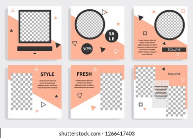 Modern social media pack template set.  Minimal circle shape in black color, with white and peach background. Combining with triangle, square and circle Memphis geometric pattern style element.