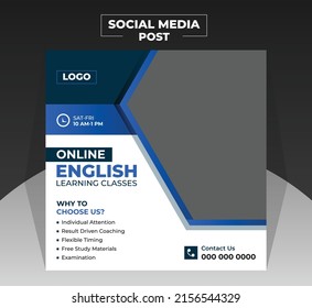 Modern social media post ads banner design template for online english language learning course ad