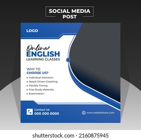 Modern social media post ads banner design template for online english language learning course post, ad