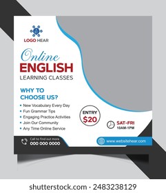 Modern social media post ads banner design template for online English learning course
