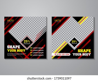 Modern social media post banner template collection with colorful shapes. Fitness square web banner for advertisement. Design frame for social media posts.