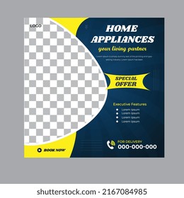 Modern social media post for commercial use with home appliances and other stationery products, fully editable and minimal vector design template.