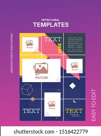 modern social media post feed, instagram feed, purple, blue, minimalist.